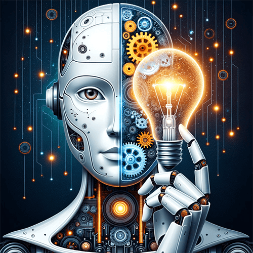 DALL·E 2023 10 16 10.41.49 Illustration Depicting A Humanoid Robot With Half Of Its Face Transparent Revealing Intricate Circuits And Gears Inside. The Robot Is Holding A Light 1